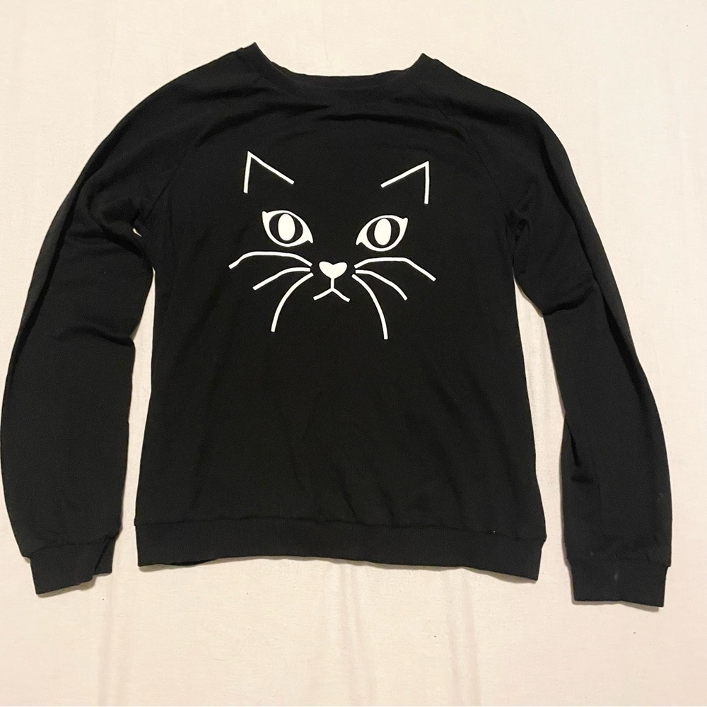 Black Cat Face Sweatshirt Women’s Size Large Long Sleeve Shirt Unbranded
